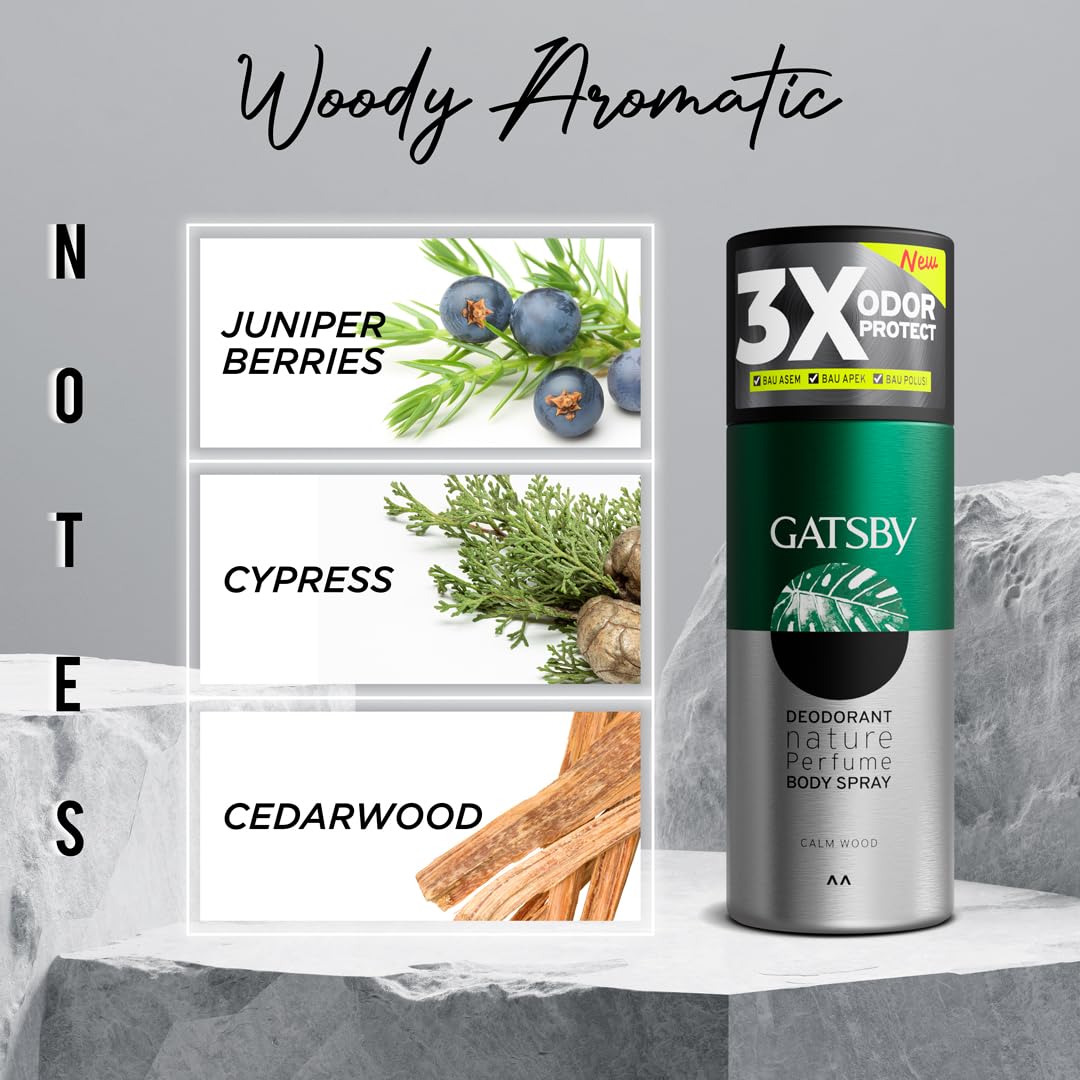 Gatsby Deodorant Body Spray for Men, Calm Wood, 150ml, Long-Lasting Nature-Inspired Scent - packaging