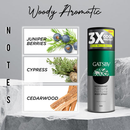 Gatsby Deodorant Body Spray for Men, Calm Wood, 150ml, Long-Lasting Nature-Inspired Scent - packaging