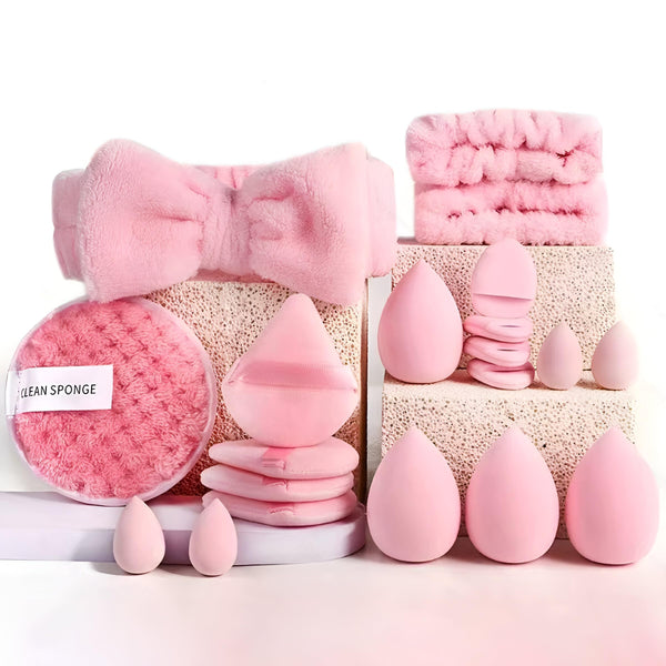 Gege Bear 20 Piece Makeup Sponge Set, Multi-Shape Non-Latex Beauty Puff Collection with Headband and Cleaning Pad
