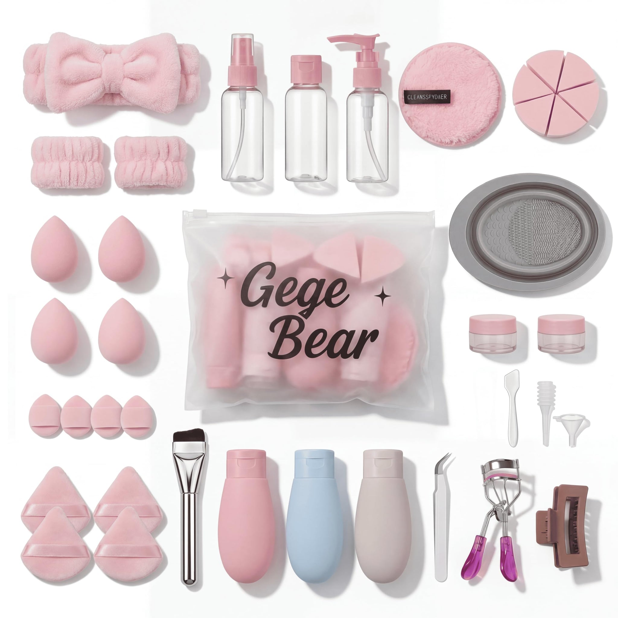 Gege Bear 20 Piece Makeup Sponge Set, Multi-Shape Non-Latex Beauty Puff Collection with Headband and Cleaning Pad (10)