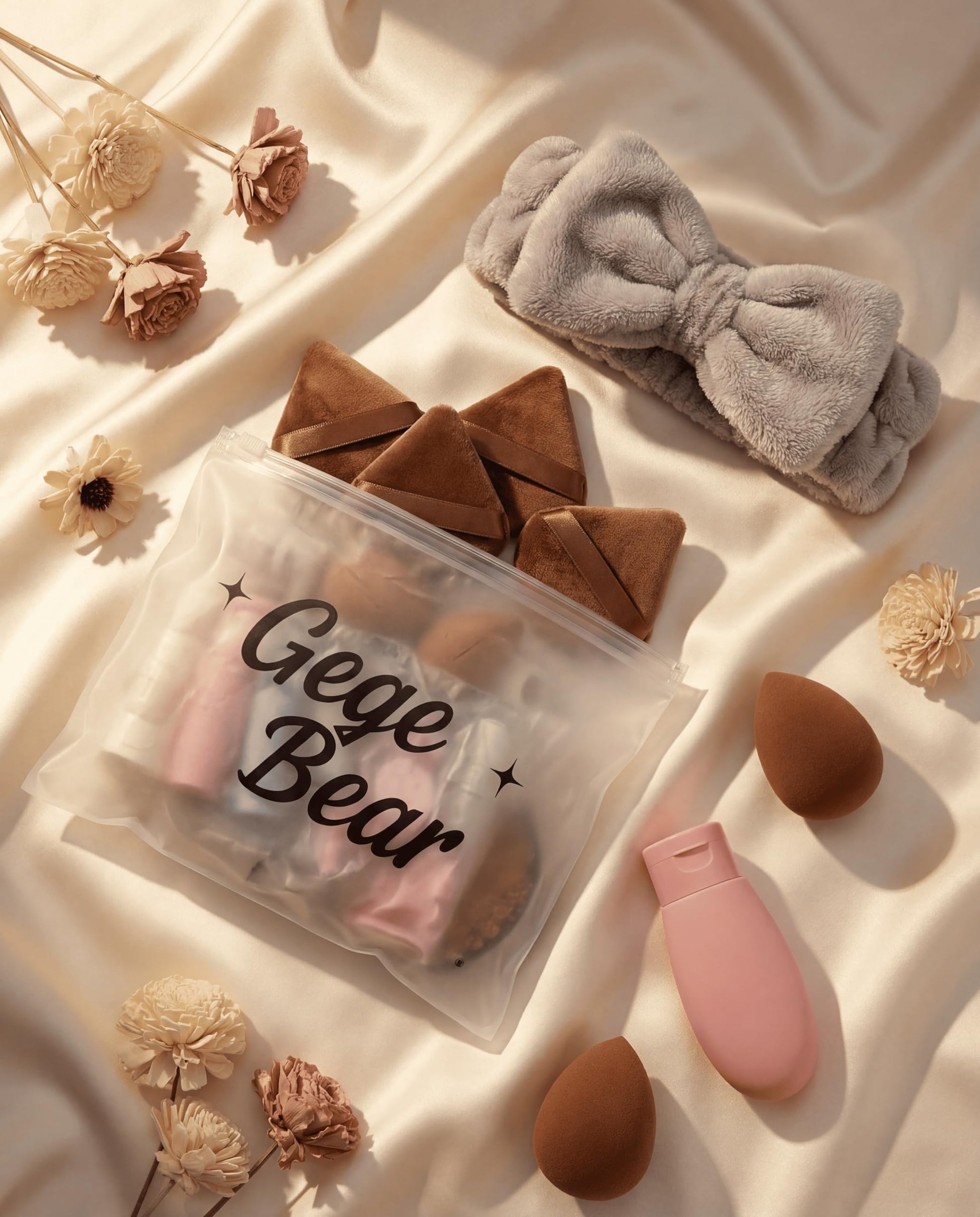 Gege Bear 20 Piece Makeup Sponge Set, Multi-Shape Non-Latex Beauty Puff Collection with Headband and Cleaning Pad - back view