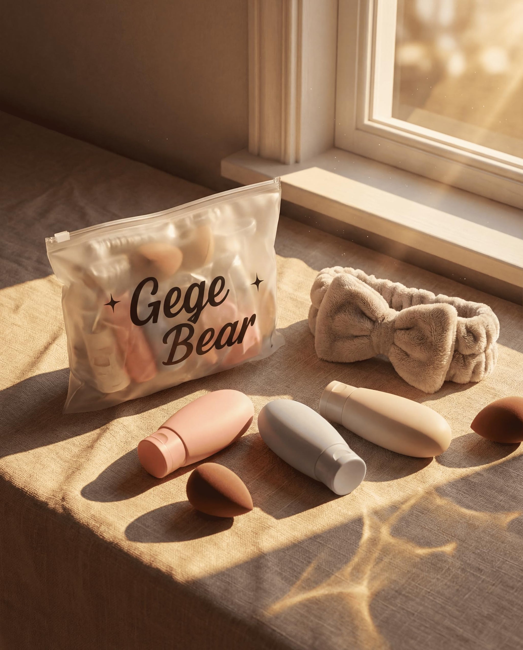 Gege Bear 20 Piece Makeup Sponge Set, Multi-Shape Non-Latex Beauty Puff Collection with Headband and Cleaning Pad - packaging