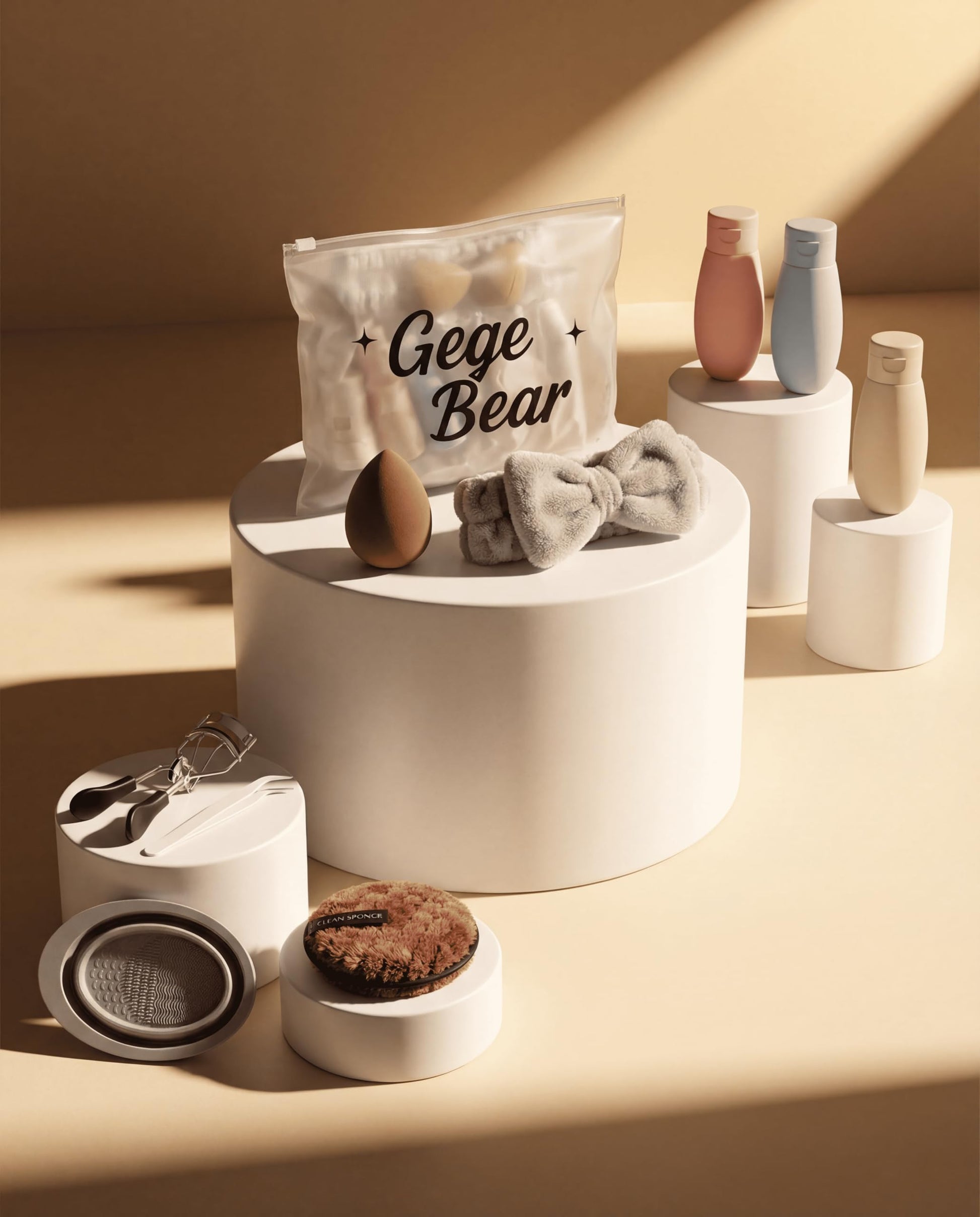 Gege Bear 20 Piece Makeup Sponge Set, Multi-Shape Non-Latex Beauty Puff Collection with Headband and Cleaning Pad - label det