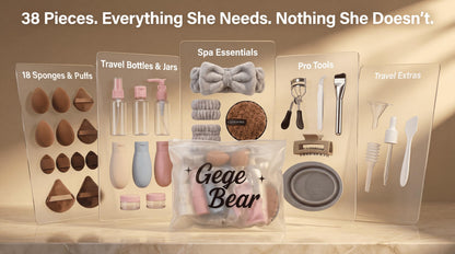 Gege Bear 20 Piece Makeup Sponge Set, Multi-Shape Non-Latex Beauty Puff Collection with Headband and Cleaning Pad - in use (1