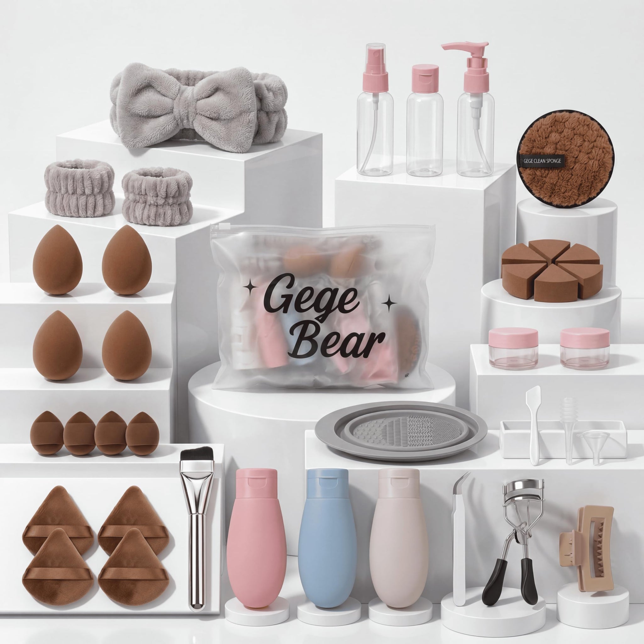 Gege Bear 20 Piece Makeup Sponge Set, Multi-Shape Non-Latex Beauty Puff Collection with Headband and Cleaning Pad - front vie