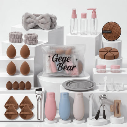 Gege Bear 20 Piece Makeup Sponge Set, Multi-Shape Non-Latex Beauty Puff Collection with Headband and Cleaning Pad - front vie