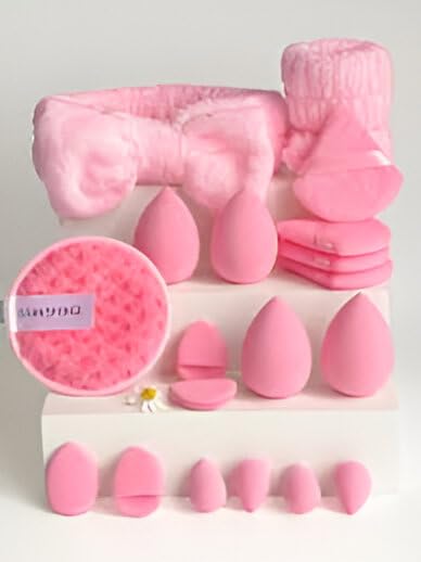 Gege Bear 20 Piece Makeup Sponge Set, Multi-Shape Non-Latex Beauty Puff Collection with Headband and Cleaning Pad - back view