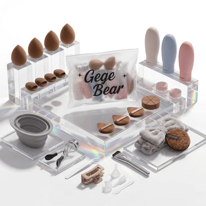 Gege Bear 20 Piece Makeup Sponge Set, Multi-Shape Non-Latex Beauty Puff Collection with Headband and Cleaning Pad - back view
