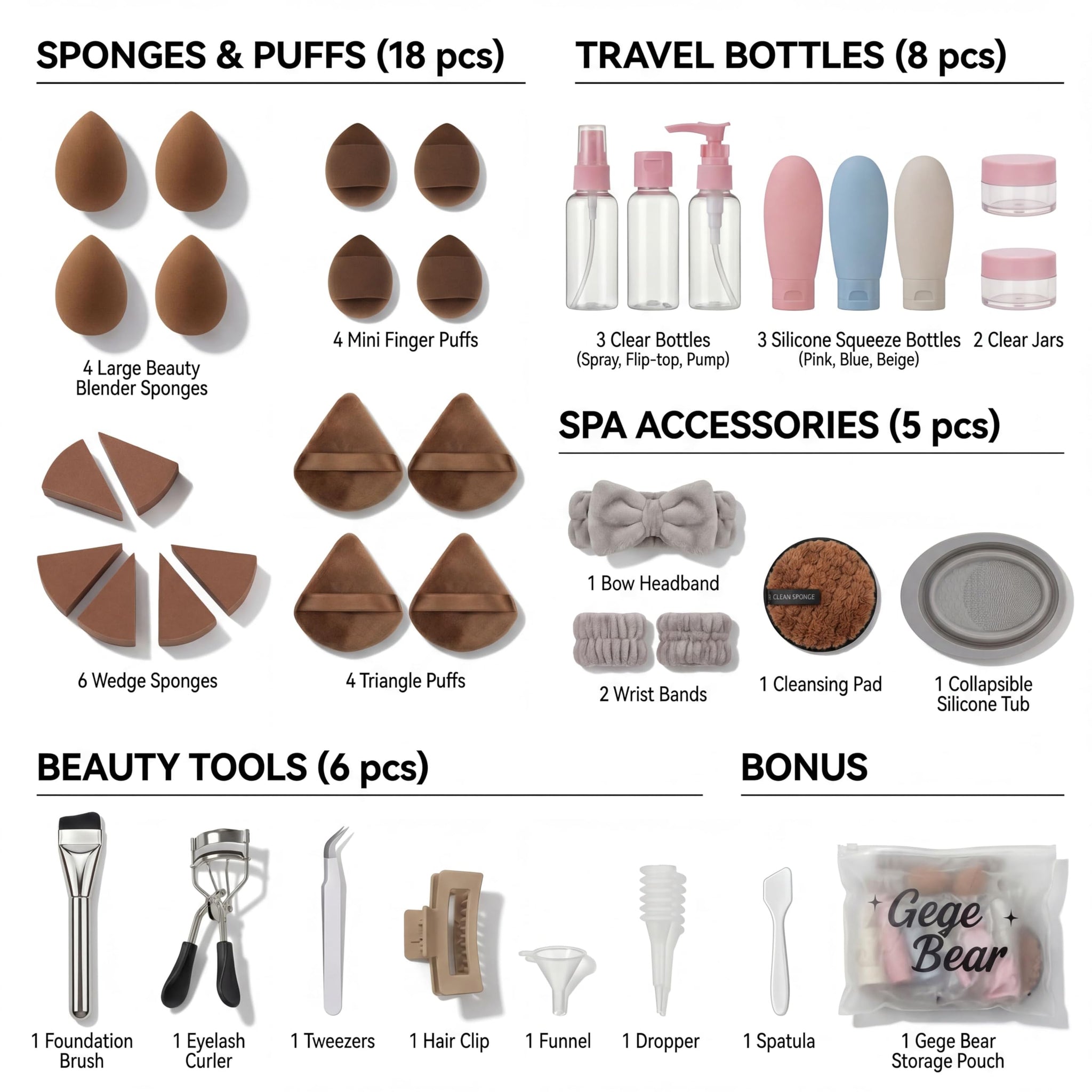Gege Bear 20 Piece Makeup Sponge Set, Multi-Shape Non-Latex Beauty Puff Collection with Headband and Cleaning Pad - label det