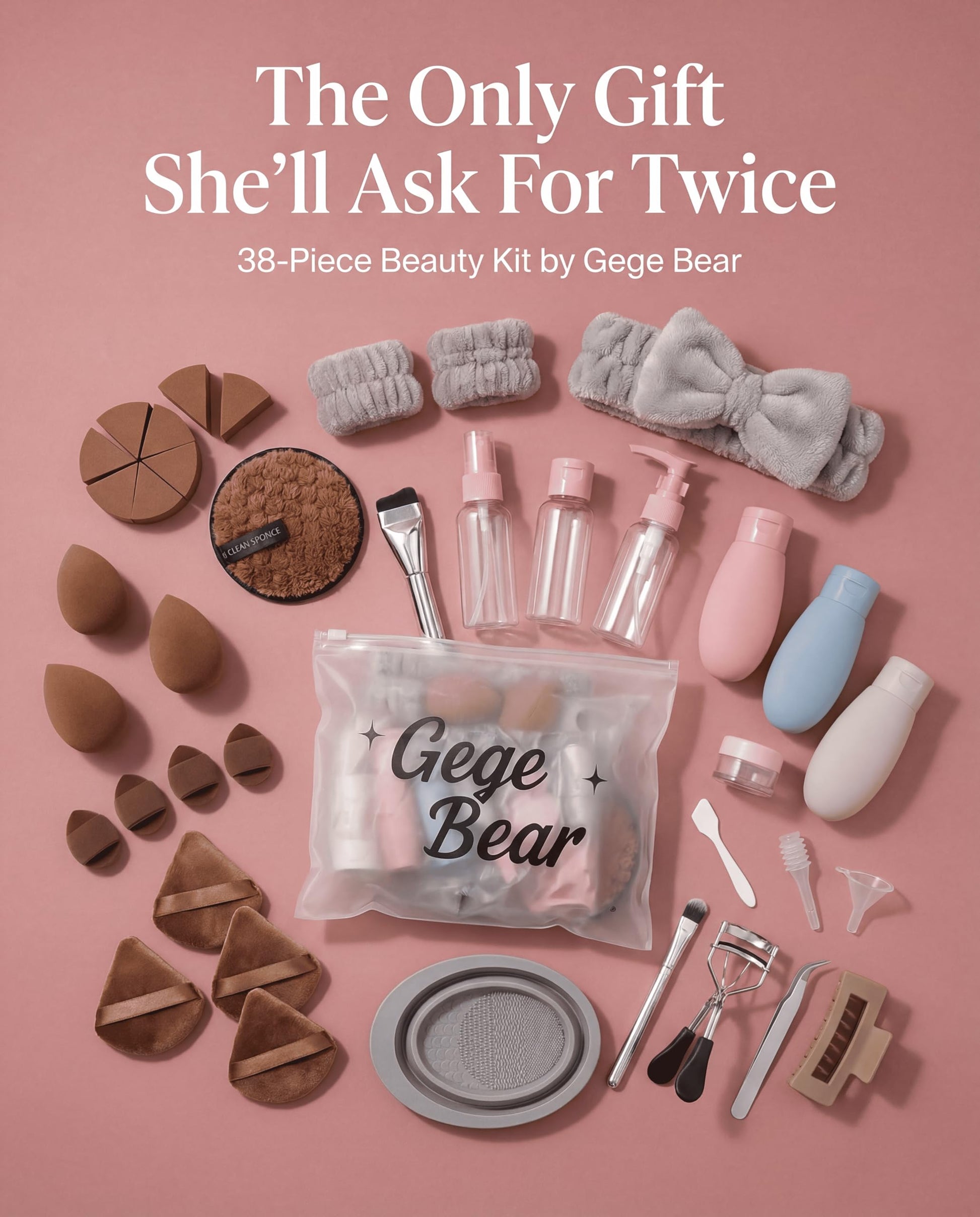 Gege Bear 20 Piece Makeup Sponge Set, Multi-Shape Non-Latex Beauty Puff Collection with Headband and Cleaning Pad - close-up 