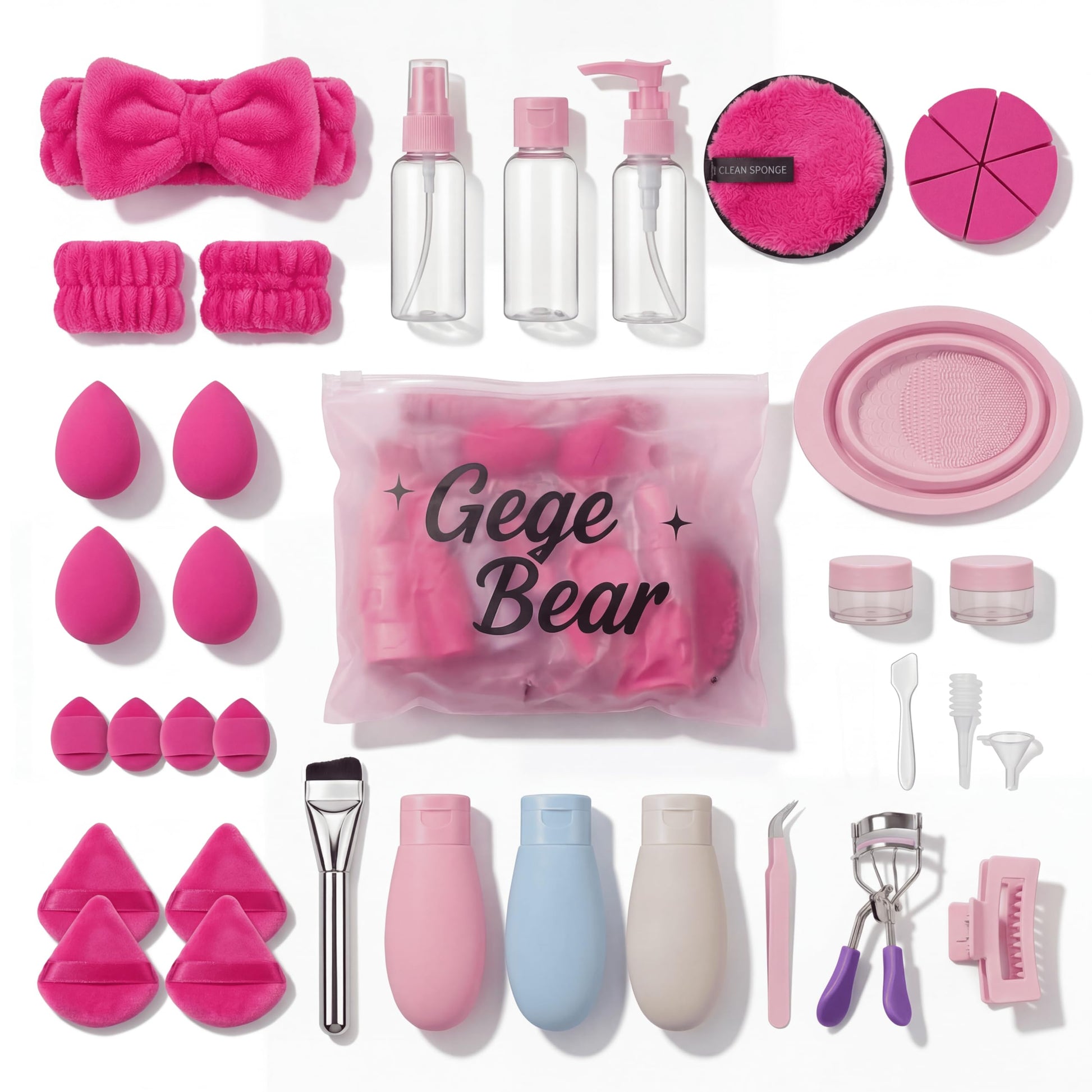Gege Bear 20 Piece Makeup Sponge Set, Multi-Shape Non-Latex Beauty Puff Collection with Headband and Cleaning Pad (33)