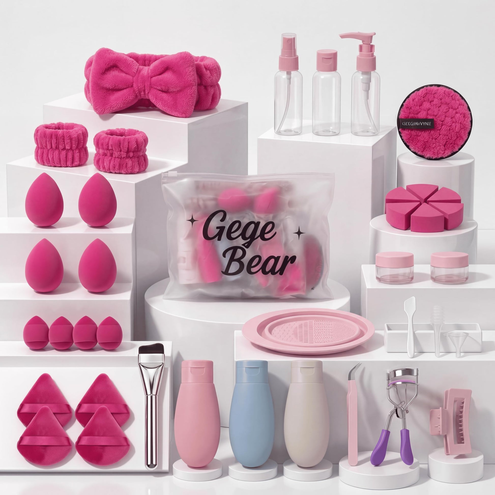 Gege Bear 20 Piece Makeup Sponge Set, Multi-Shape Non-Latex Beauty Puff Collection with Headband and Cleaning Pad - front vie