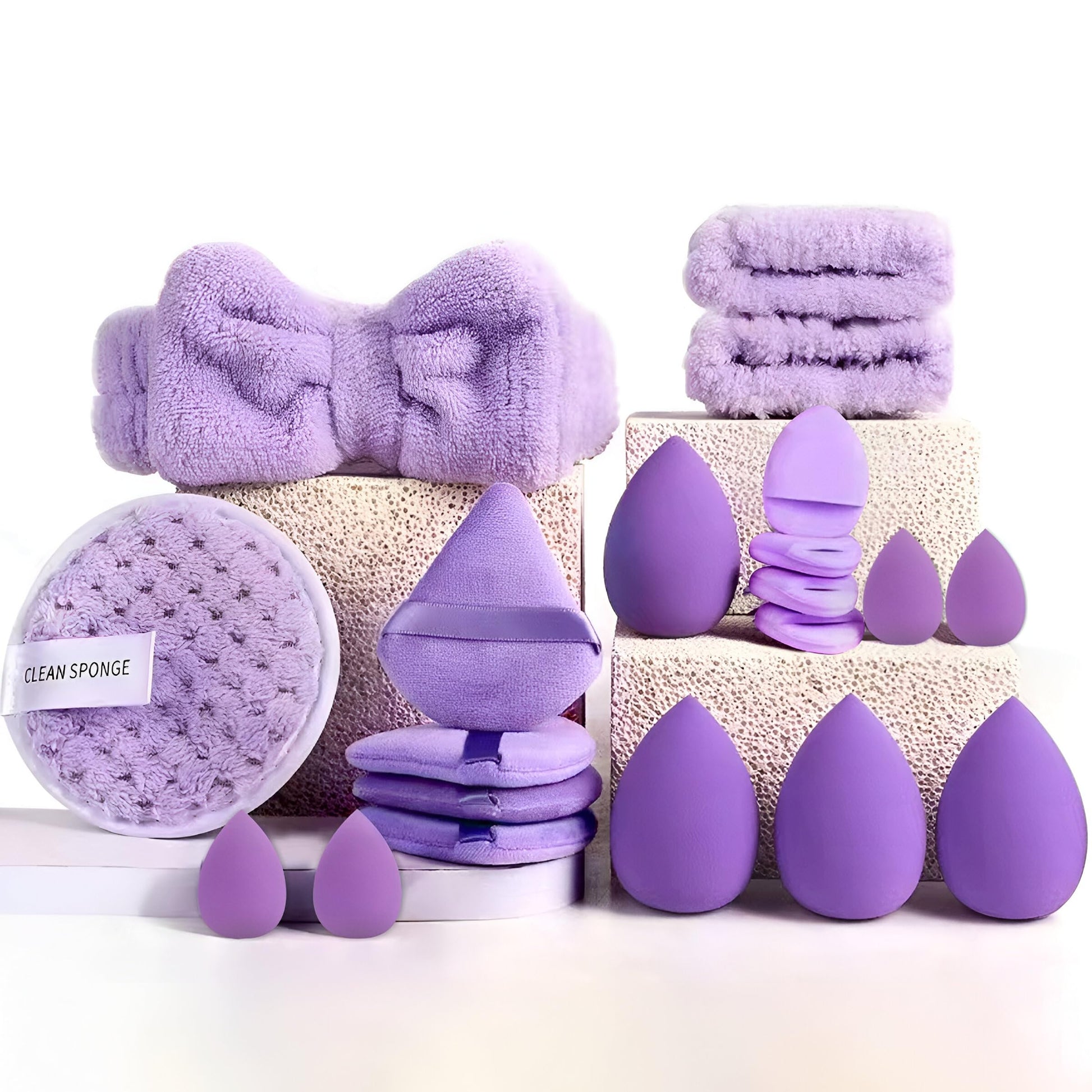 Gege Bear 20 Piece Makeup Sponge Set, Multi-Shape Non-Latex Beauty Puff Collection with Headband and Cleaning Pad (39)