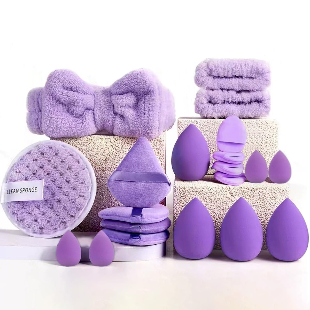 Gege Bear 20 Piece Makeup Sponge Set, Multi-Shape Non-Latex Beauty Puff Collection with Headband and Cleaning Pad - close-up 