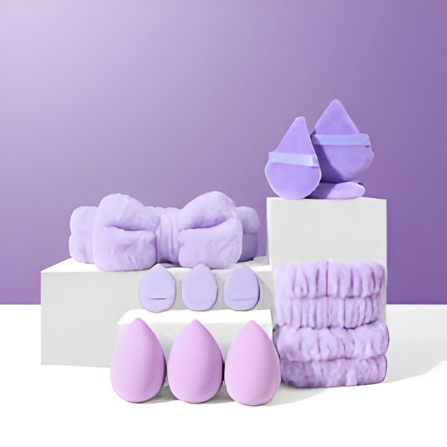 Gege Bear 20 Piece Makeup Sponge Set, Multi-Shape Non-Latex Beauty Puff Collection with Headband and Cleaning Pad - in use (4