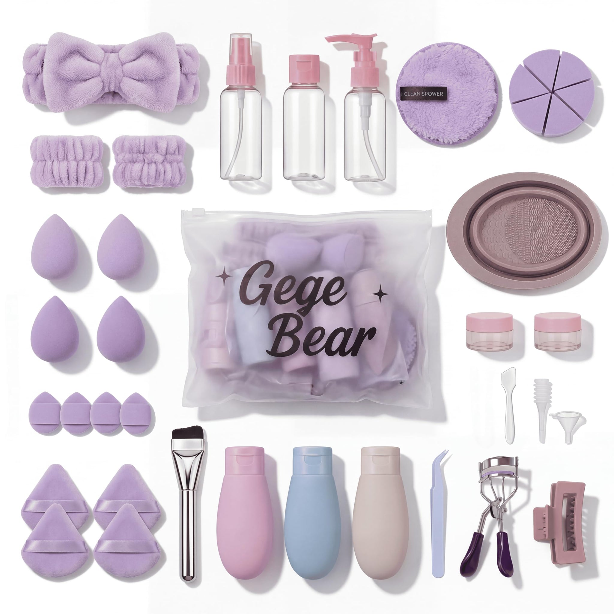 Gege Bear 20 Piece Makeup Sponge Set, Multi-Shape Non-Latex Beauty Puff Collection with Headband and Cleaning Pad (48)
