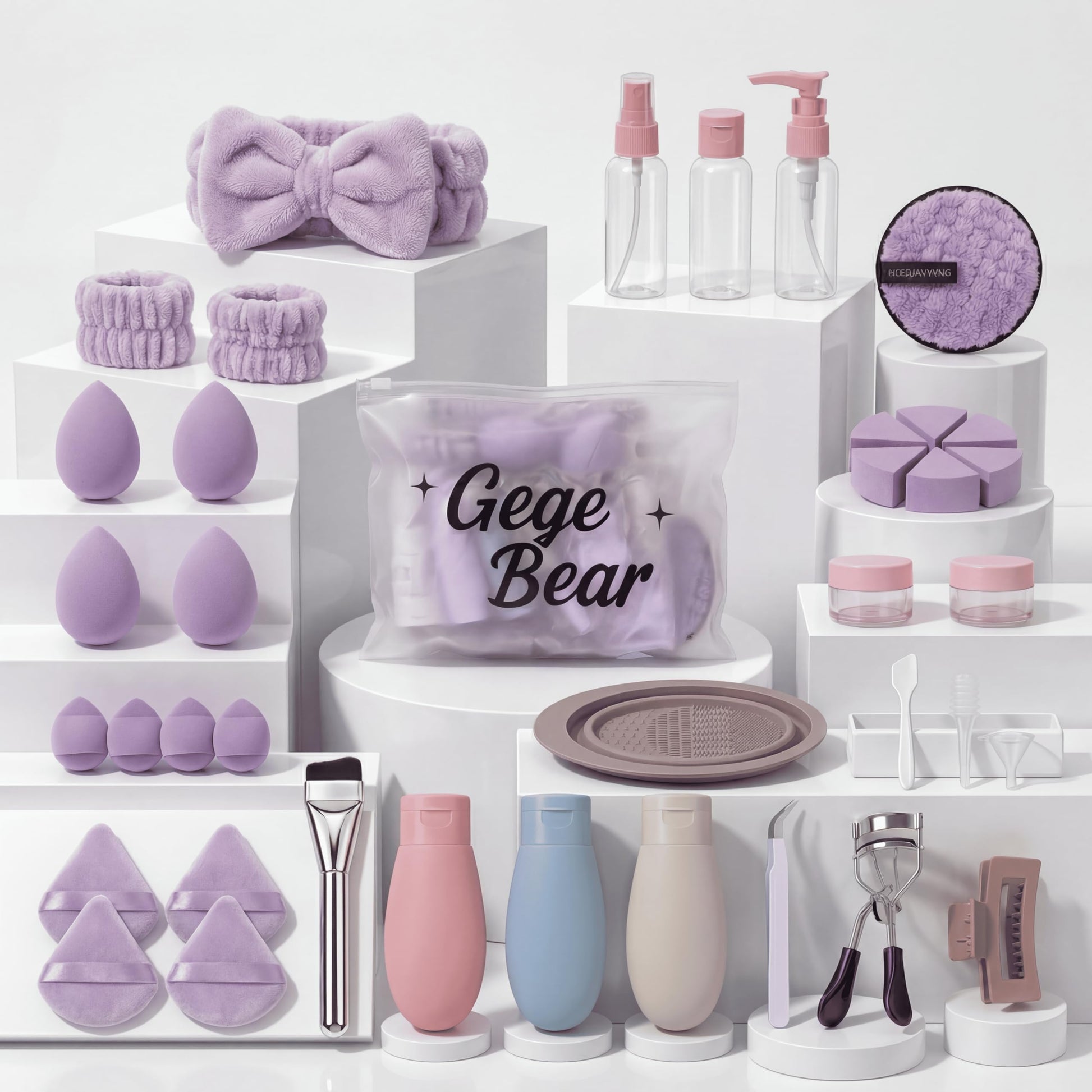 Gege Bear 20 Piece Makeup Sponge Set, Multi-Shape Non-Latex Beauty Puff Collection with Headband and Cleaning Pad - front vie