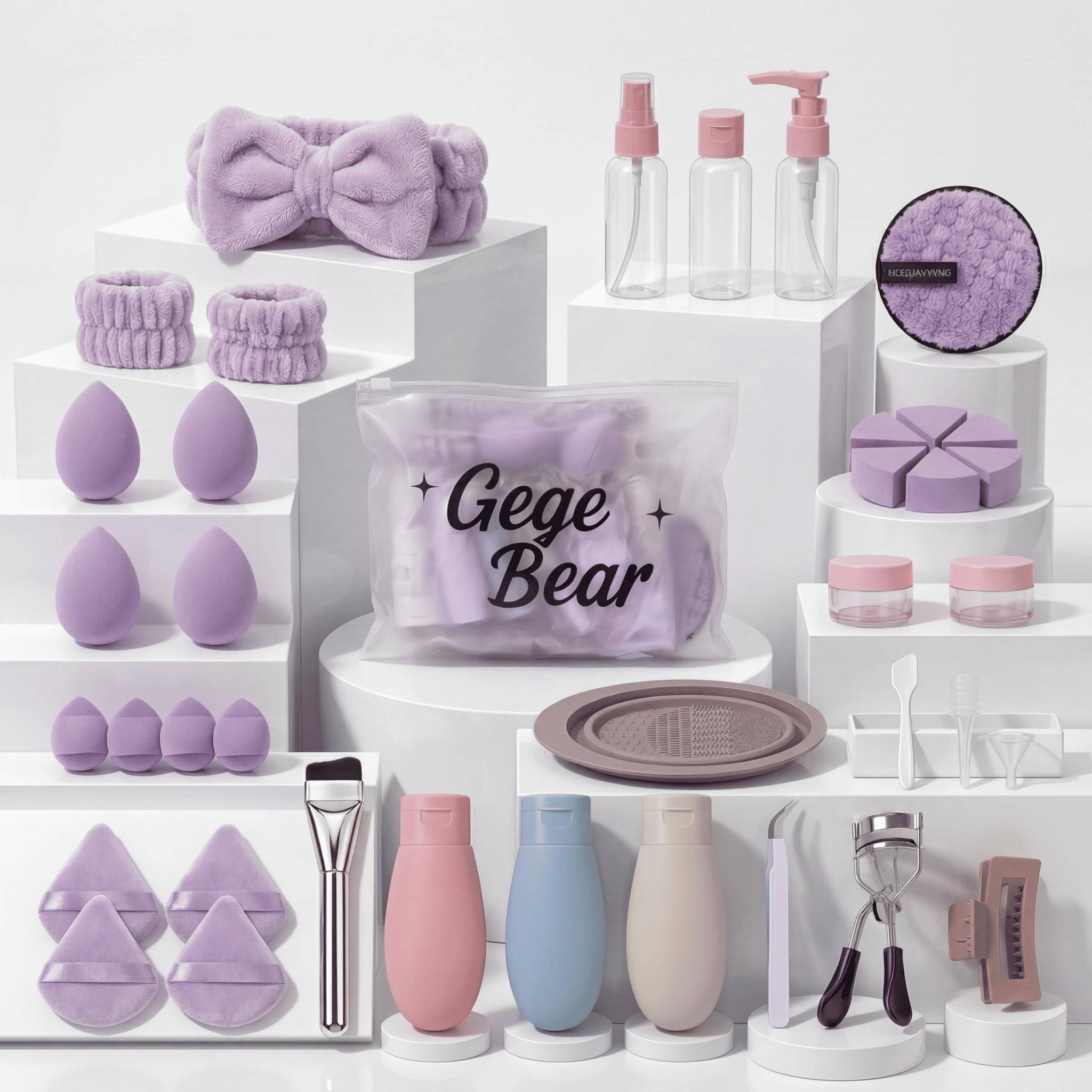 Gege Bear 20 Piece Makeup Sponge Set, Multi-Shape Non-Latex Beauty Puff Collection with Headband and Cleaning Pad - front vie