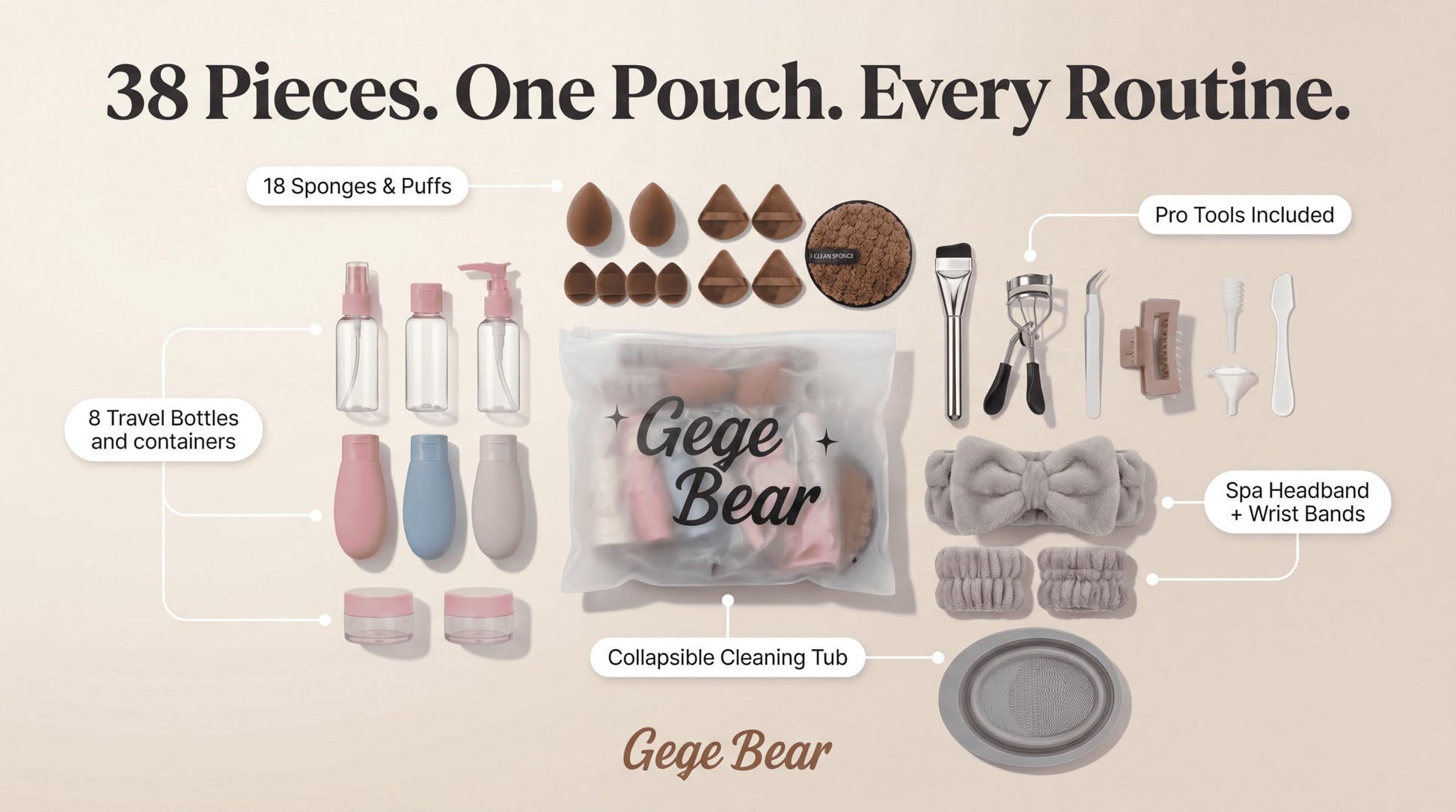 Gege Bear 20 Piece Makeup Sponge Set, Multi-Shape Non-Latex Beauty Puff Collection with Headband and Cleaning Pad - ingredien