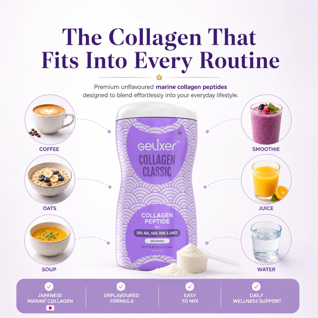Gelixer Active Collagen Powder, Japanese Marine Collagen Peptide with Whey Protein, Unisex Adult Supplement - front view (14)