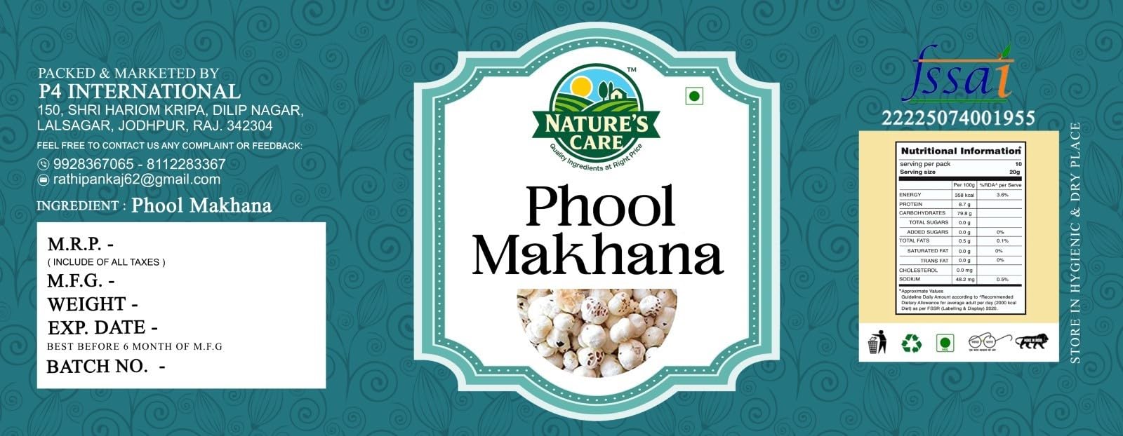 Generic Phool Makhana Puffed Snack, Handpicked Foxnuts for Cooking and Snacking - ingredients panel (12)