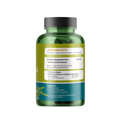 Genius Herbs Neem Bhumyamalaki Tablets, 500mg, 120 Veg Tablets, Ayurvedic Herbal Blend, Vegan, Non-GMO - back view