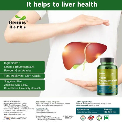 Genius Herbs Neem Bhumyamalaki Tablets, 500mg, 120 Veg Tablets, Ayurvedic Herbal Blend, Vegan, Non-GMO - packaging