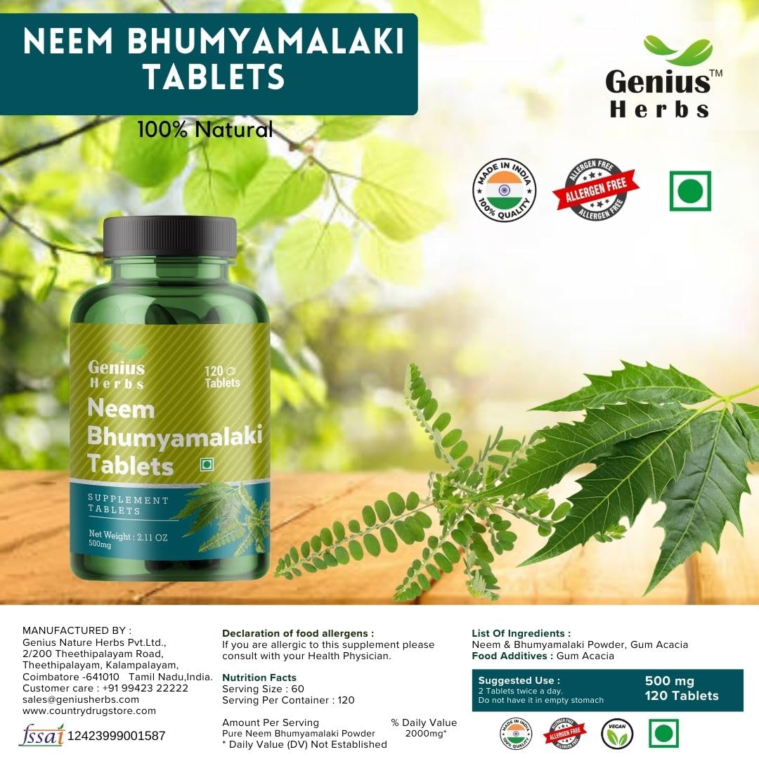 Genius Herbs Neem Bhumyamalaki Tablets, 500mg, 120 Veg Tablets, Ayurvedic Herbal Blend, Vegan, Non-GMO - ingredients panel