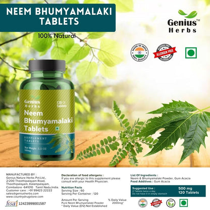 Genius Herbs Neem Bhumyamalaki Tablets, 500mg, 120 Veg Tablets, Ayurvedic Herbal Blend, Vegan, Non-GMO - ingredients panel