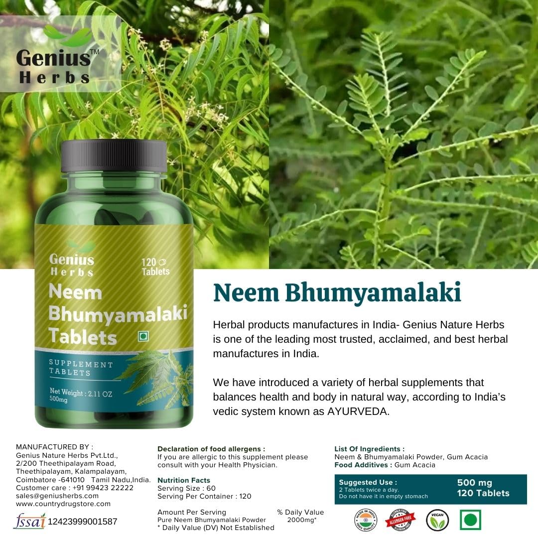 Genius Herbs Neem Bhumyamalaki Tablets, 500mg, 120 Veg Tablets, Ayurvedic Herbal Blend, Vegan, Non-GMO - close-up detail