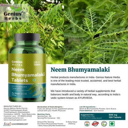 Genius Herbs Neem Bhumyamalaki Tablets, 500mg, 120 Veg Tablets, Ayurvedic Herbal Blend, Vegan, Non-GMO - close-up detail