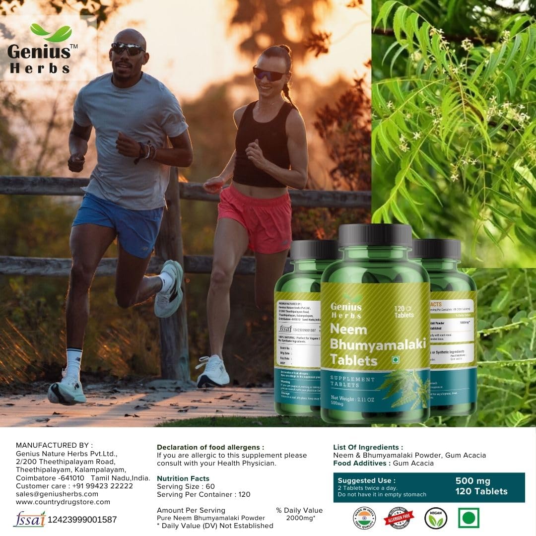 Genius Herbs Neem Bhumyamalaki Tablets, 500mg, 120 Veg Tablets, Ayurvedic Herbal Blend, Vegan, Non-GMO - in use