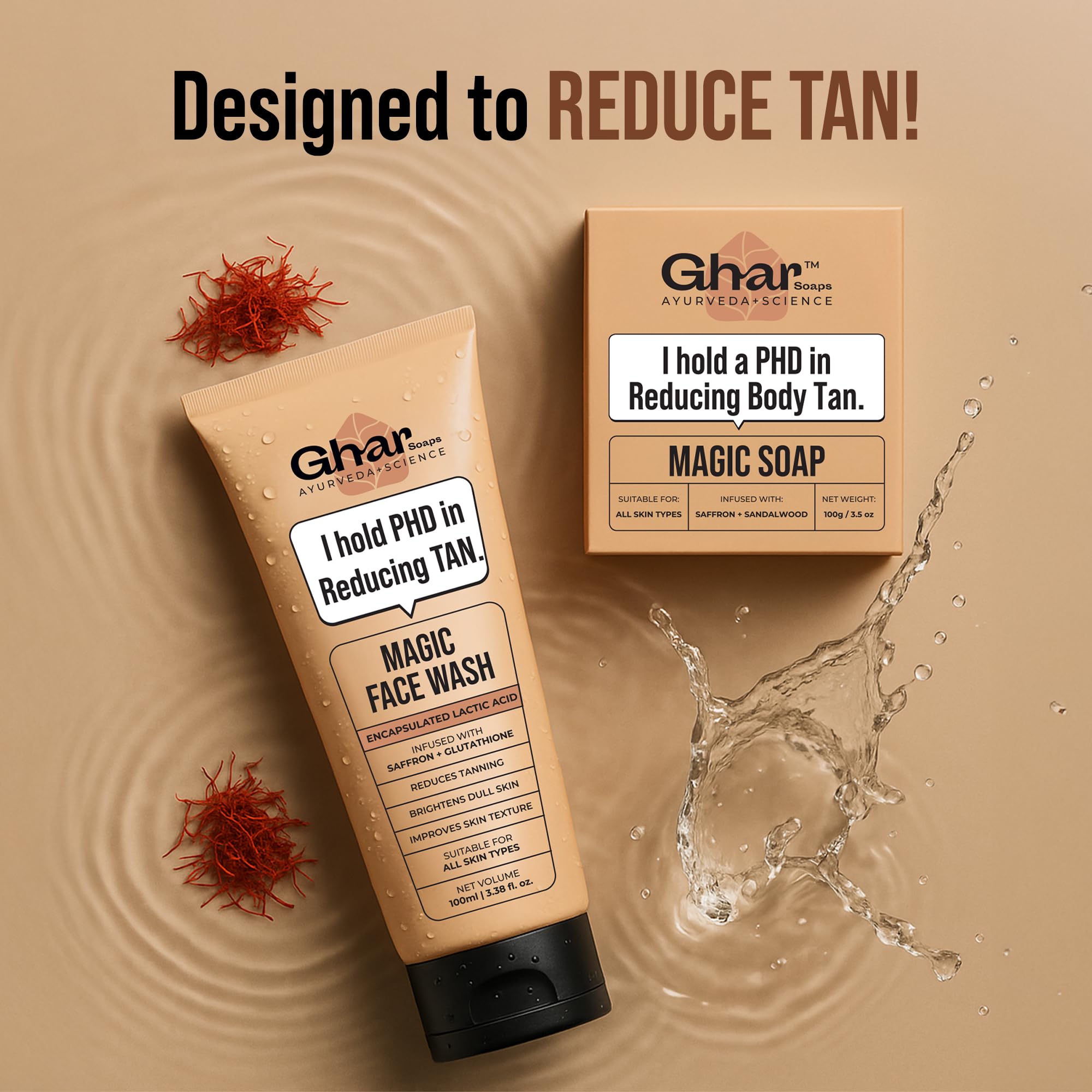 GHAR SOAPS De-Tan Face Wash with Sandalwood, Saffron, Coconut Oil and Goat Milk, Unisex - front view (16)