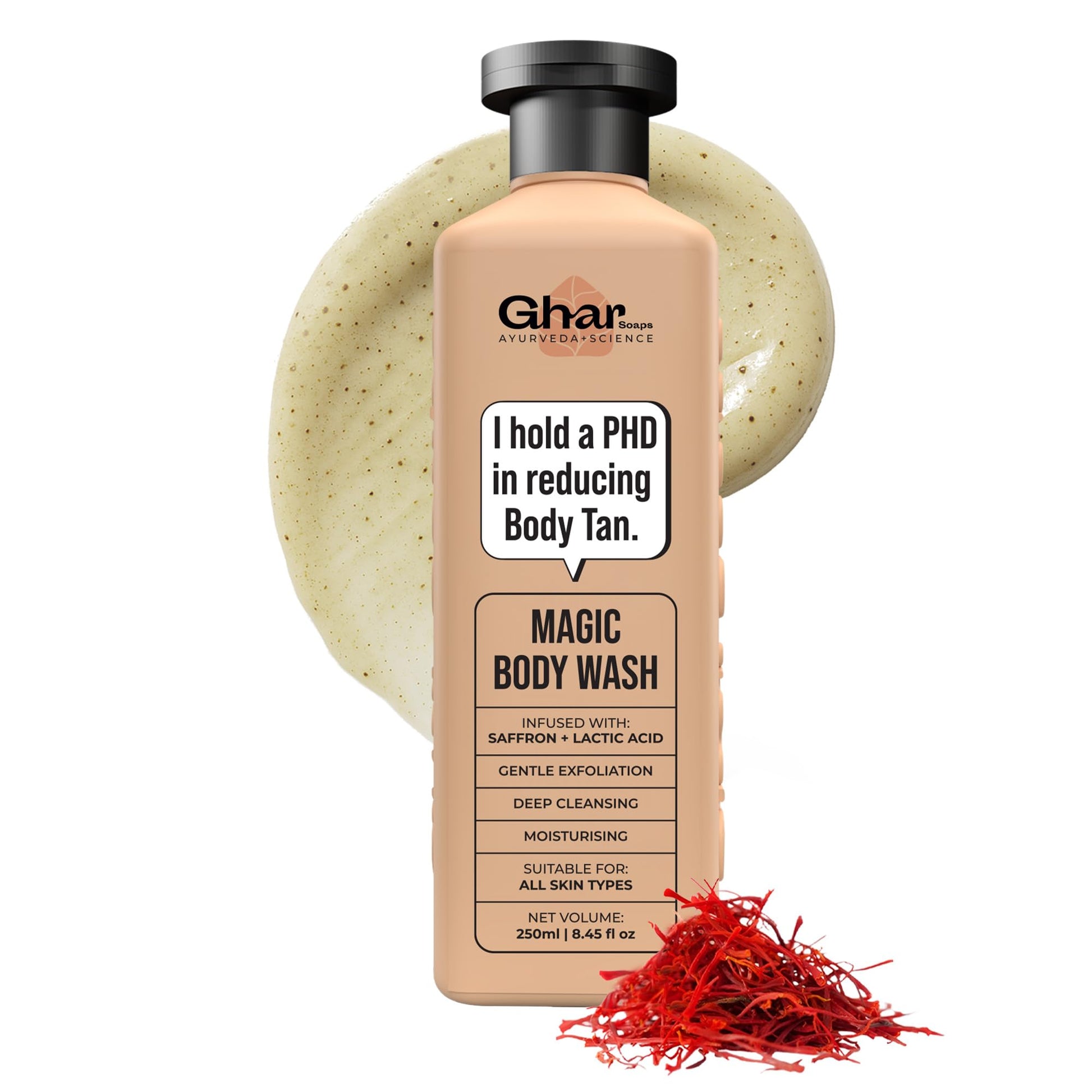 Ghar Soaps Magic De-Tan Body Wash, 250ml, with Saffron, Lactic Acid, Niacinamide, Paraben & SLS Free