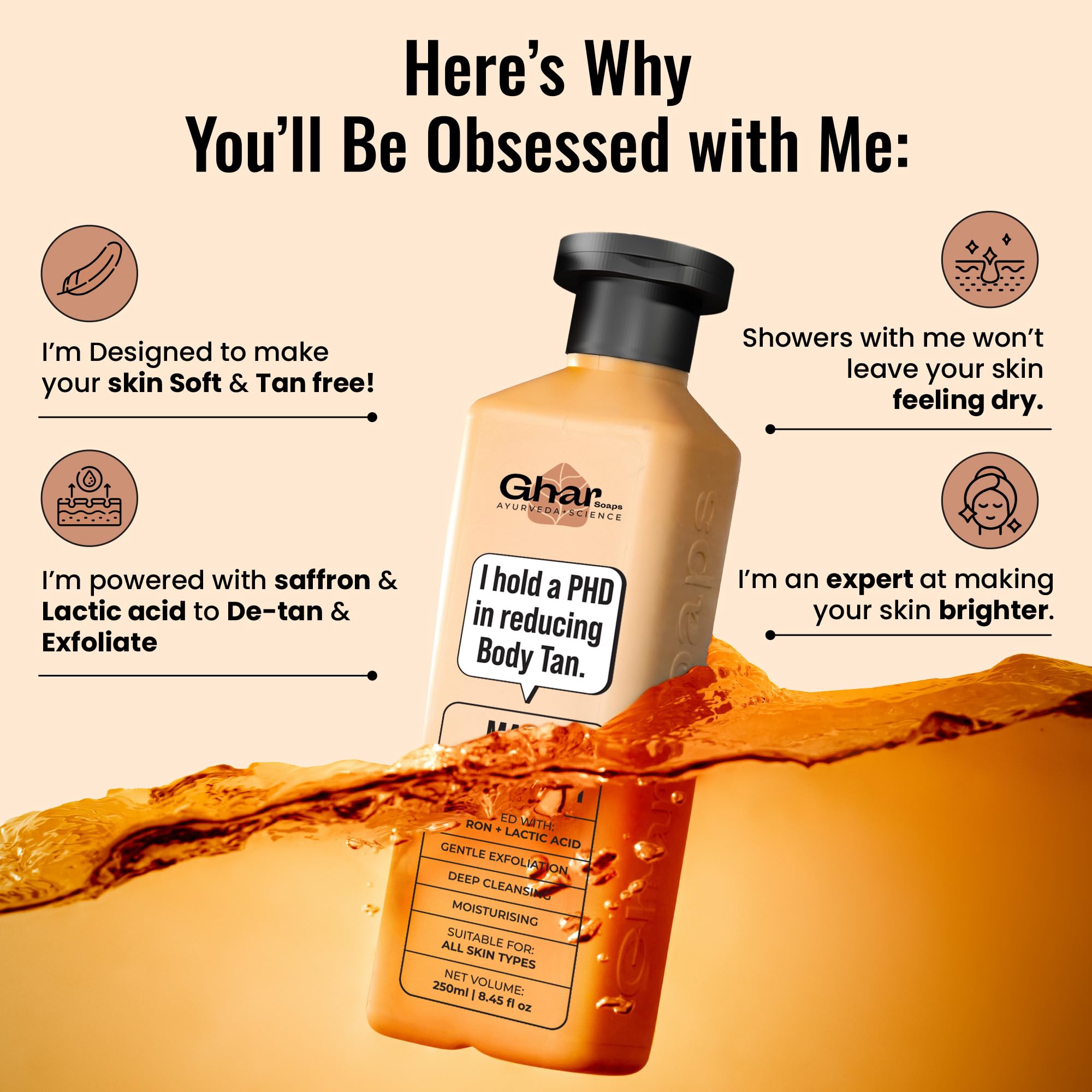 Ghar Soaps Magic De-Tan Body Wash, 250ml, with Saffron, Lactic Acid, Niacinamide, Paraben & SLS Free - front view