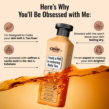 Ghar Soaps Magic De-Tan Body Wash, 250ml, with Saffron, Lactic Acid, Niacinamide, Paraben & SLS Free - front view