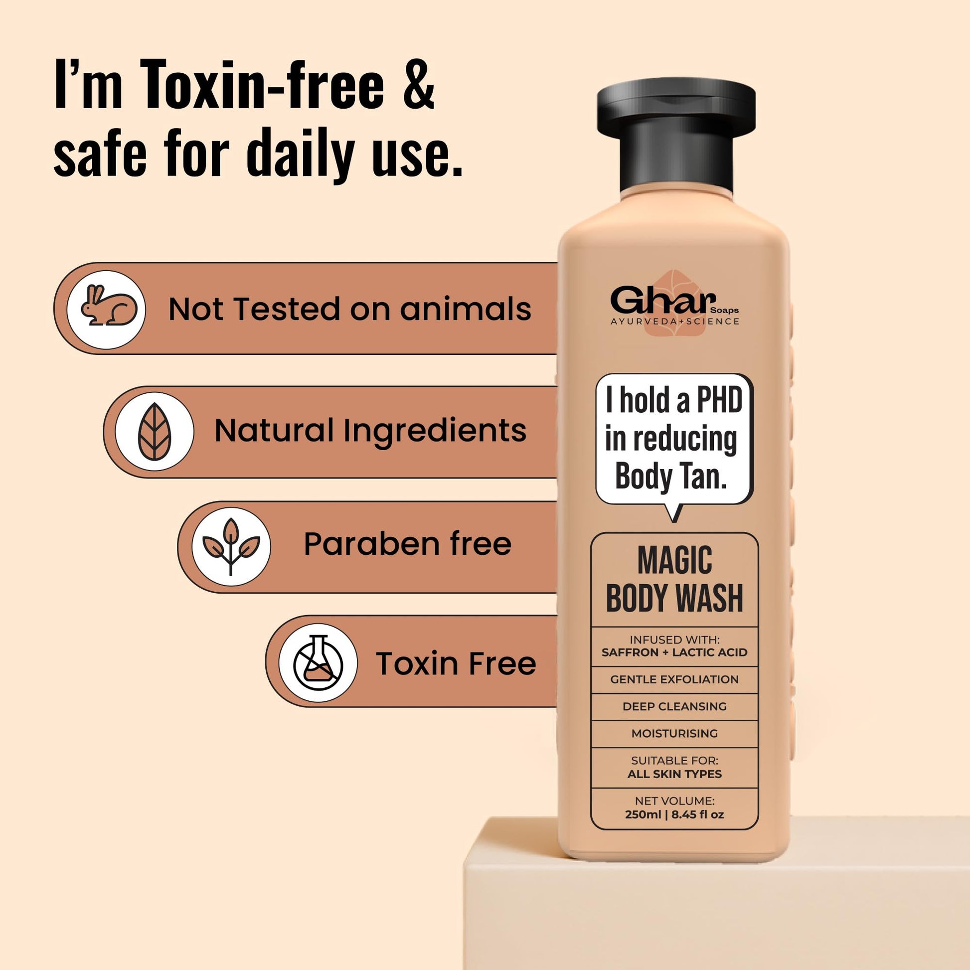 Ghar Soaps Magic De-Tan Body Wash, 250ml, with Saffron, Lactic Acid, Niacinamide, Paraben & SLS Free - packaging