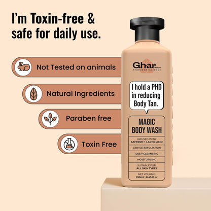 Ghar Soaps Magic De-Tan Body Wash, 250ml, with Saffron, Lactic Acid, Niacinamide, Paraben & SLS Free - packaging