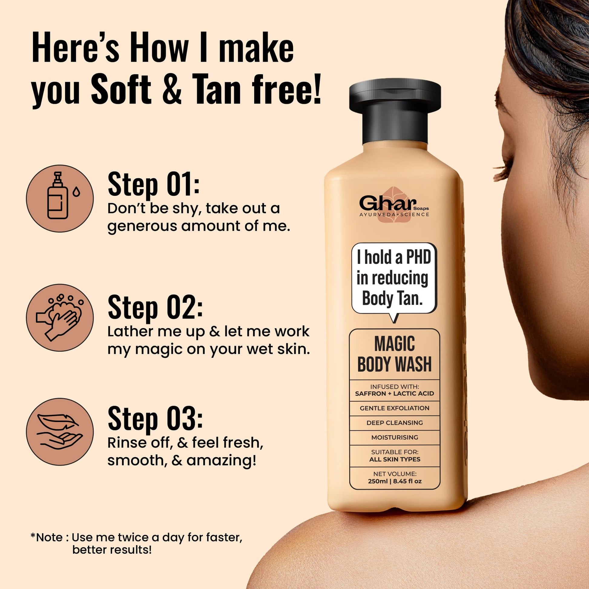 Ghar Soaps Magic De-Tan Body Wash, 250ml, with Saffron, Lactic Acid, Niacinamide, Paraben & SLS Free - ingredients panel