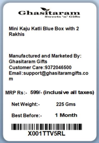 Ghasitaram Gifts Jaiccha Rakhi Gifts for Brothers Rakhi Sweets Mini Kaju Katli Blue Box with Om Rakhi - close-up detail