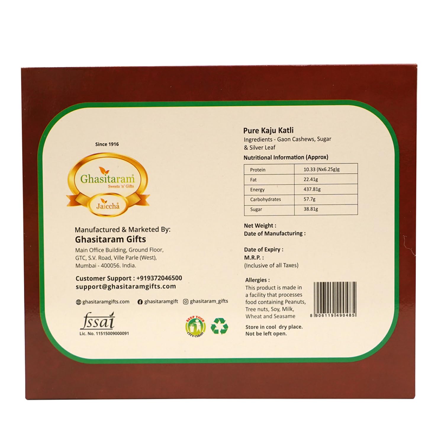 Ghasitaram Gifts Pure Kaju Katlis Box, 200g - back view (11)