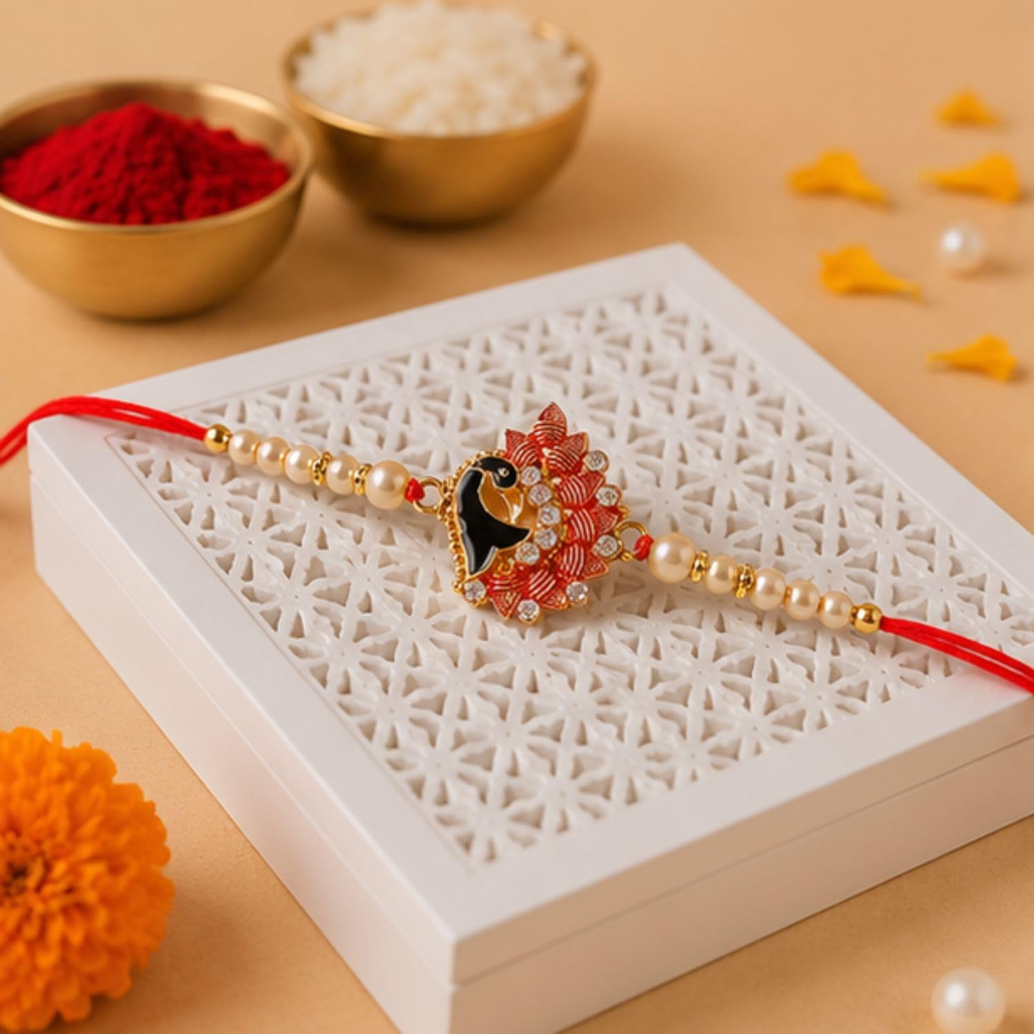 Giftsroot Designer Peacock Rakhi and Roli Chawal Pack - Rakhis for Brother, Bhabhi, Kids Protection and Blessing, Designer si