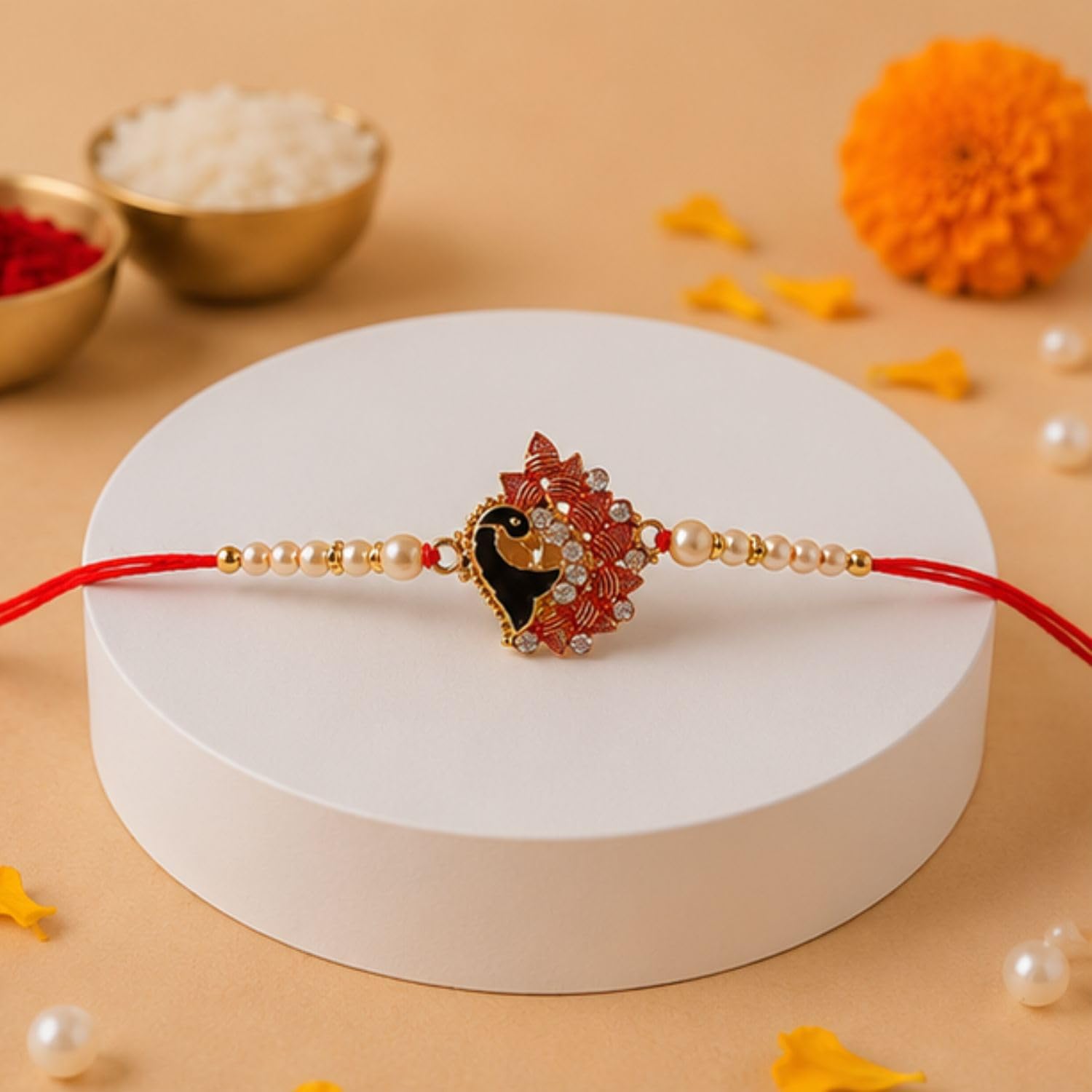 Giftsroot Designer Peacock Rakhi and Roli Chawal Pack - Rakhis for Brother, Bhabhi, Kids Protection and Blessing, Designer si