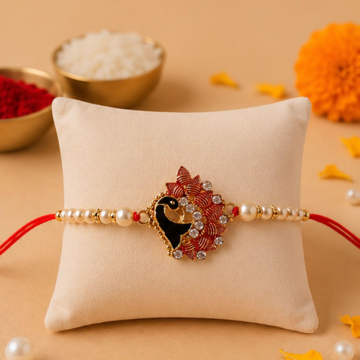 Giftsroot Designer Peacock Rakhi and Roli Chawal Pack - Rakhis for Brother, Bhabhi, Kids Protection and Blessing, Designer si