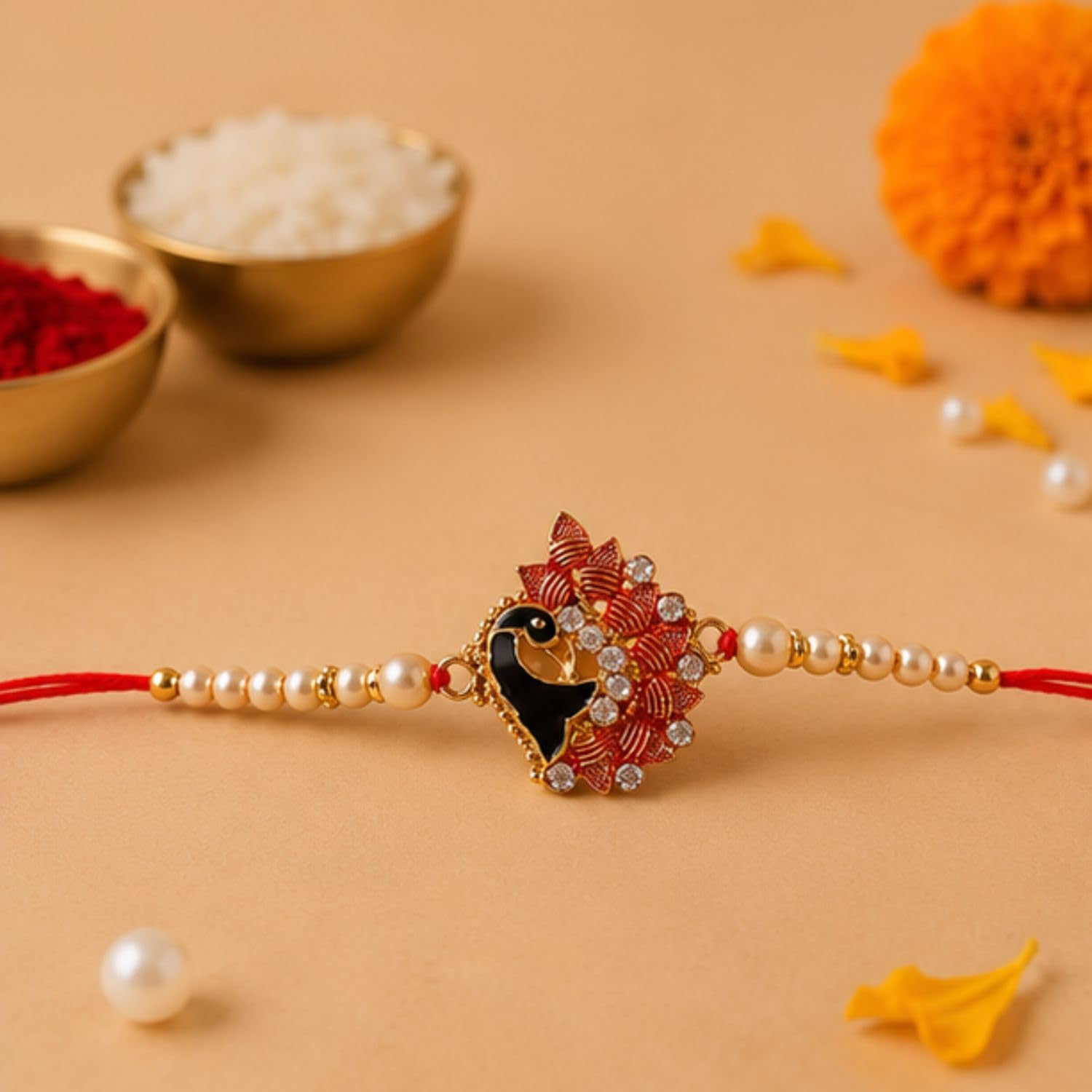 Giftsroot Designer Peacock Rakhi and Roli Chawal Pack - Rakhis for Brother, Bhabhi, Kids Protection and Blessing, Designer si