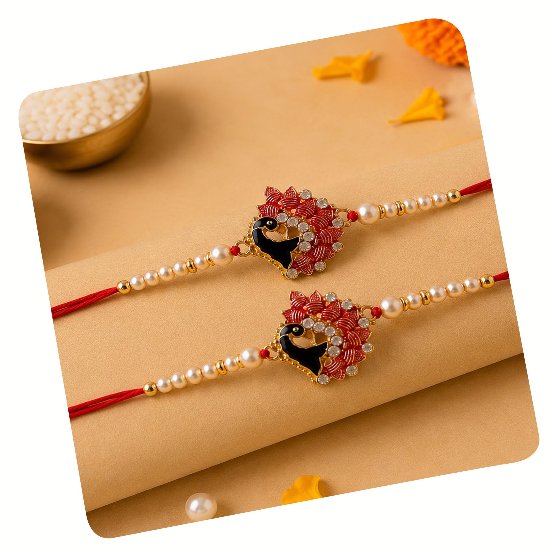 Giftsroot Rakhi for Brother Set of 2, Peacock Feather Rakhi with Card and Tilak, Traditional Raksha Bandhan Rakhi for Men