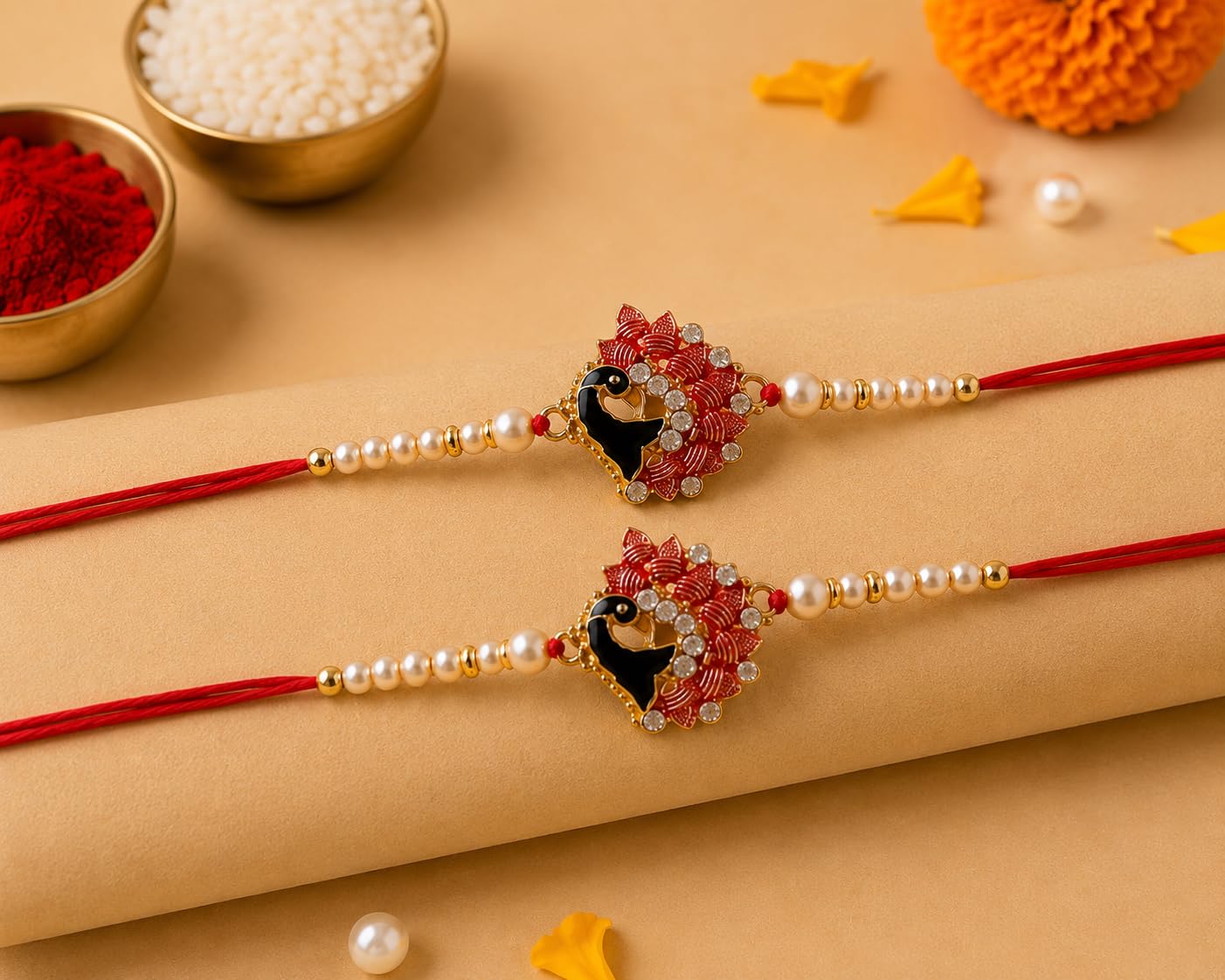 Giftsroot Rakhi for Brother Set of 2, Peacock Feather Rakhi with Card and Tilak, Traditional Raksha Bandhan Rakhi for Men - f