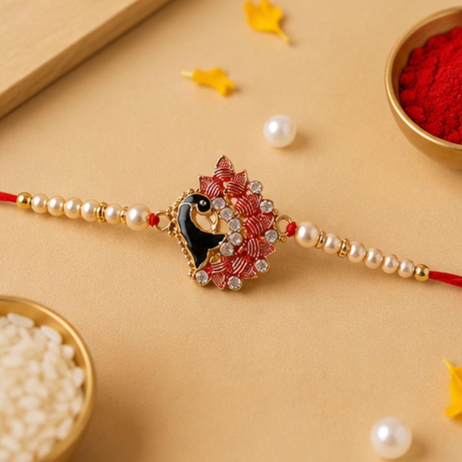 Giftsroot Rakhi for Brother Set of 2, Peacock Feather Rakhi with Card and Tilak, Traditional Raksha Bandhan Rakhi for Men - p