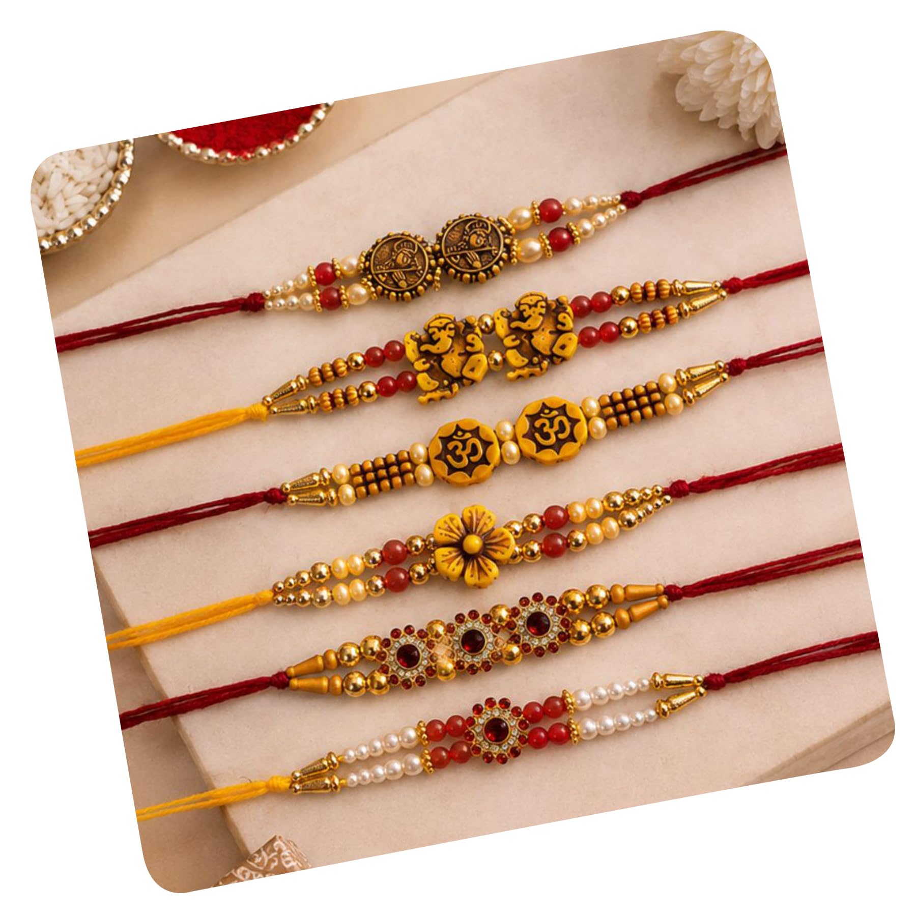 Giftsroot Rakhi Set of 6 for Brother Men, Ganesha Shree Om Radha Krishna Traditional Designer Rakhis with Card and Tilak Set