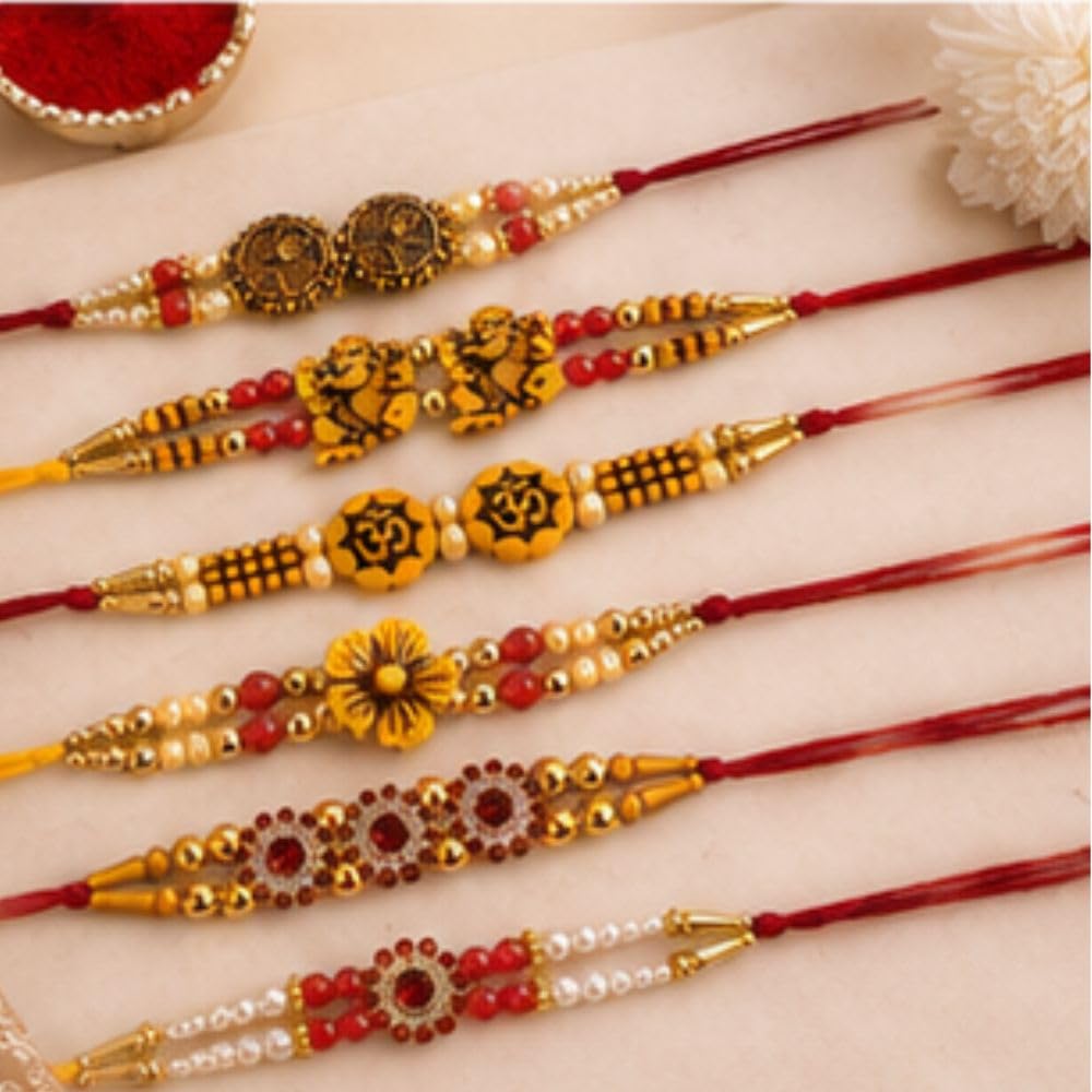 Giftsroot Rakhi Set of 6 for Brother Men, Ganesha Shree Om Radha Krishna Traditional Designer Rakhis with Card and Tilak Set 